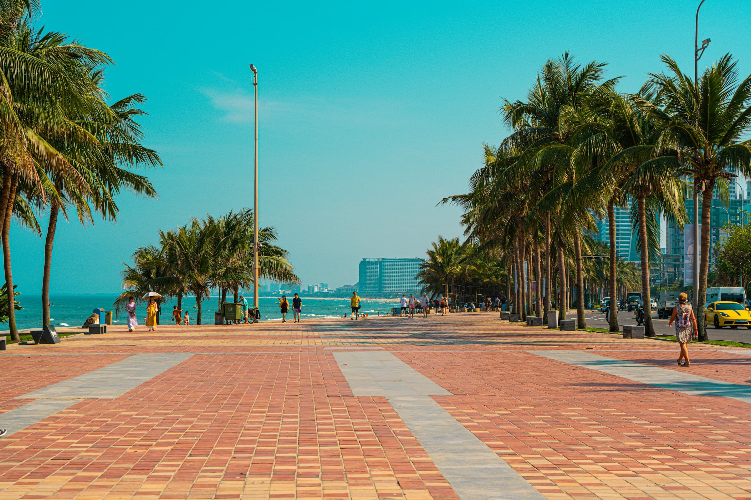 Palm-lined coastal promenade beside turquoise water.